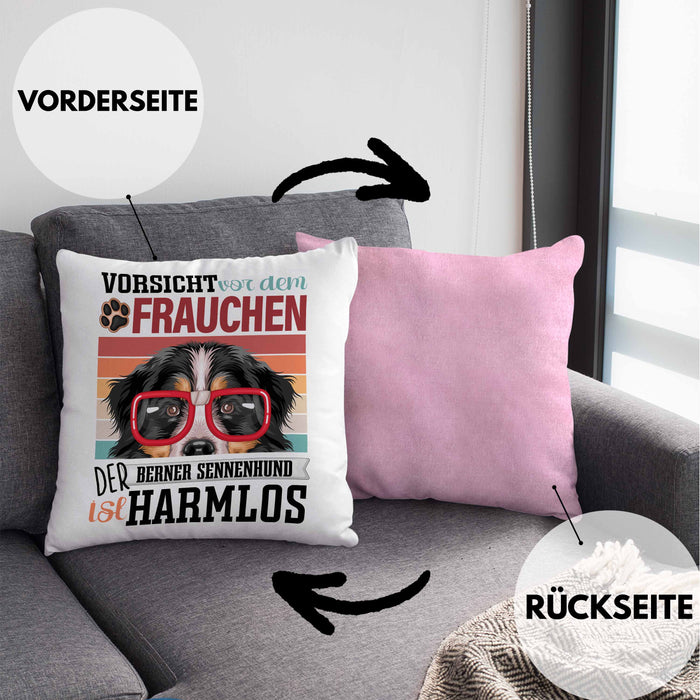 Berner Sennen Besitzerin Frauchen Kissen mit Füllung 40x40 Geschenk Lustiger Spruch Geschenkidee Vorsicht Vor Dem Frauchen (Grau) Rosa Trendation