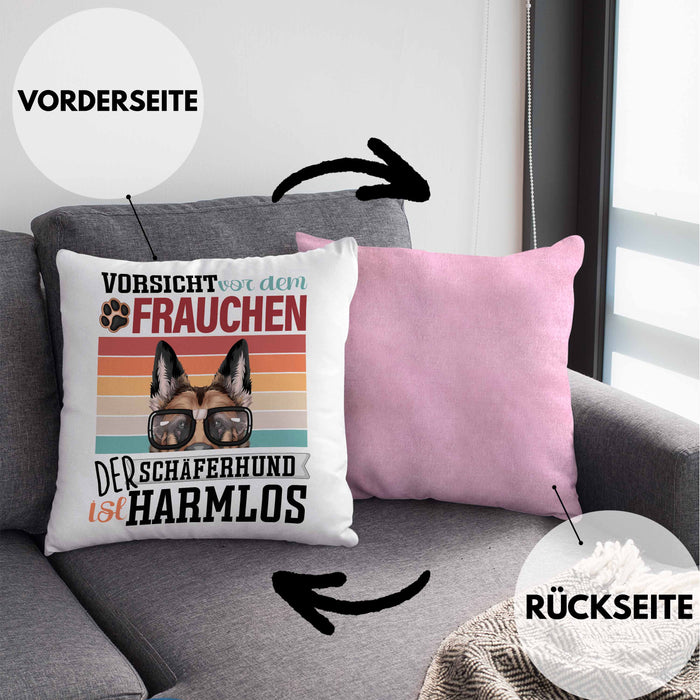 Schäferhund Besitzerin Frauchen Kissen mit Füllung 40x40 Geschenk Lustiger Spruch Geschenkidee Vorsicht Vor Dem Frauchen (Grau) Rosa Trendation