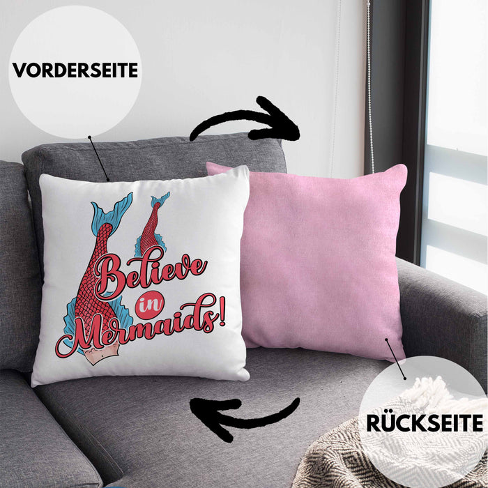 Meerjungfrau Geschenk Kissen mit Füllung 40x40 für Mädchen Nymphe Nixe Grafik Believe In Mermaids (Grau) Rosa Trendation