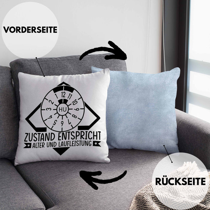 KFZ Mechaniker Kissen mit Füllung 40x40 Geschenk Spruch Männer KFZ Mechatroniker Geschenkidee Werkstatt Zustand Entispricht Alter Und Laufleistung (Grau) Blau Trendation