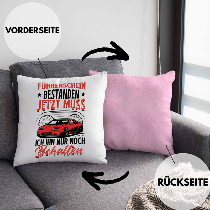 Führerschein Bestanden Kissen mit Füllung 40x40 Geschenk Bestandende Führerscheinprüfung Geschenkidee Jetzt Muss Ich Ihn Nur Noch Behalten (Grau) Rosa Trendation