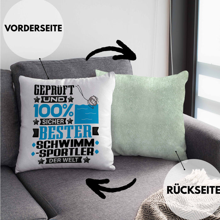 Schwimmsportler Geschenk Lustiger Spruch für Schwimmsportler Geschenkidee Bester Schwimmsportler Der WeltKissen mit Füllung 40x40 (Grau) Grün Trendation