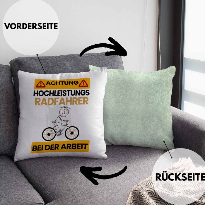 Radfahrer Kissen mit Füllung 40x40 Geschenk Lustiger Spruch Geschenkidee für Radfahrer Achtung Hochleistungs Radfahrer Bei Der Arbeit (Grau) Grün Trendation