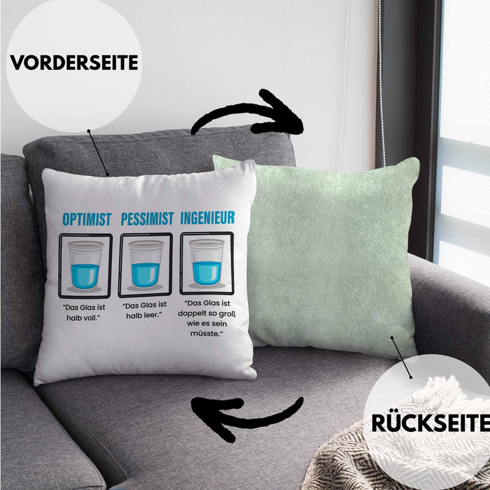 Ingenieur Kissen mit Füllung 40x40 Geschenk Spruch Geschenkidee für Ingenieure Das Glas Ist Doppelt So Groß Wie Es Sein Muss (Grau) Grün Trendation