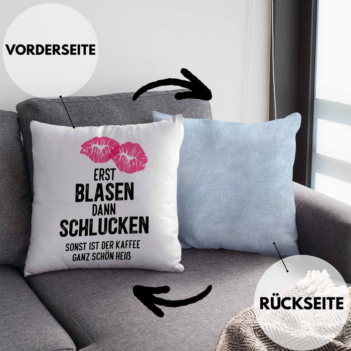 Lustige Kissen mit Füllung 40x40 Versauter Humor 18+ Geschenk Erst Blasen Dann Schlucken Erwachsene (Grau) Blau Trendation