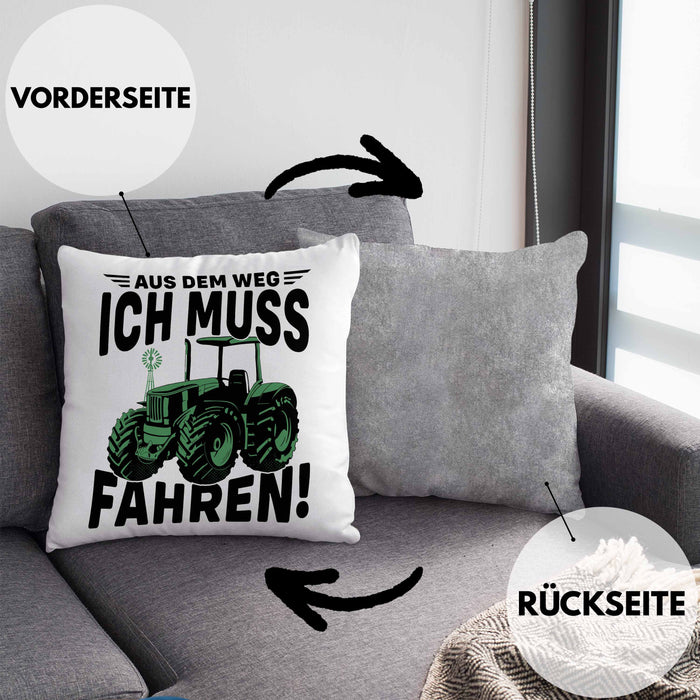 Traktor Trekker Kissen mit Füllung 40x40 Geschenk Landwirt Bauer Geschenkidee Kinder Aus Dem Weg Ich Muss Traktor Fahren (Grau) Grau Trendation