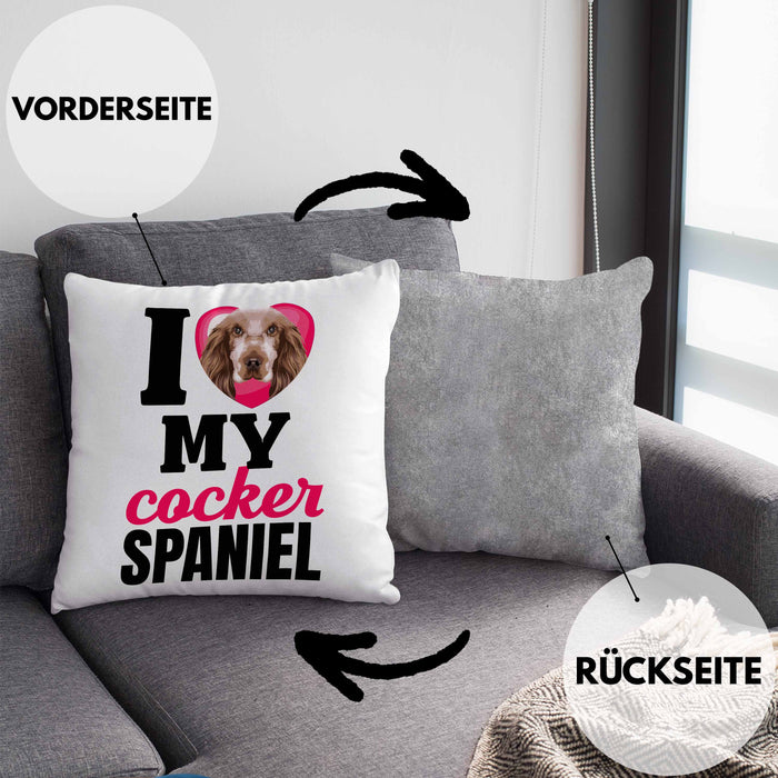 Cocker Spaniel Besitzerin Kissen mit Füllung 40x40 Geschenk Lustiger Spruch Geschenkidee I Love My Cocker Spaniel (Grau) Grau Trendation