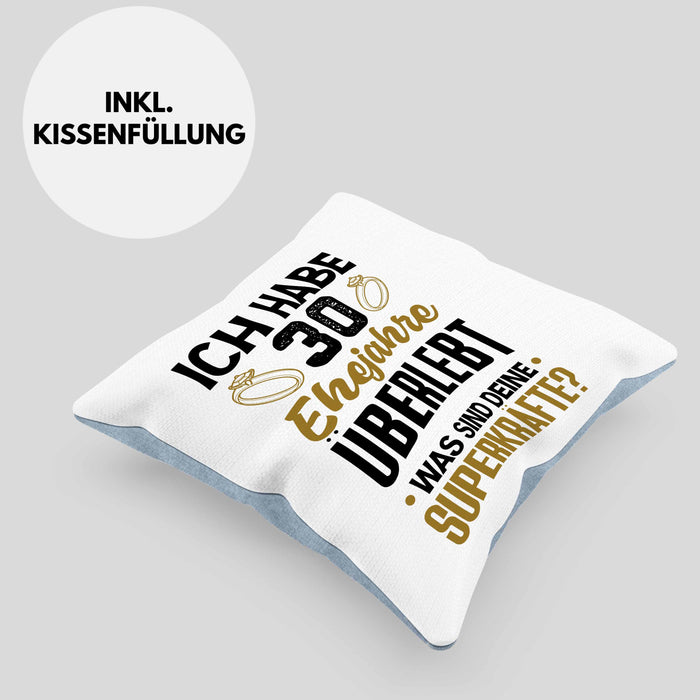 30. Hochzeitstag Kissen mit Füllung 40x40 Geschenk Perlen-Hochzeit Geschenkidee Ehemann Ehefrau Ich Habe 30 Ehejahre Überlebt (Grau) Blau Trendation