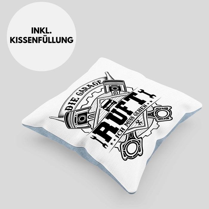 KFZ Mechaniker Kissen mit Füllung 40x40 Geschenk Spruch Männer KFZ Mechatroniker Geschenkidee Werkstatt Die Garage Ruft (Grau) Blau Trendation
