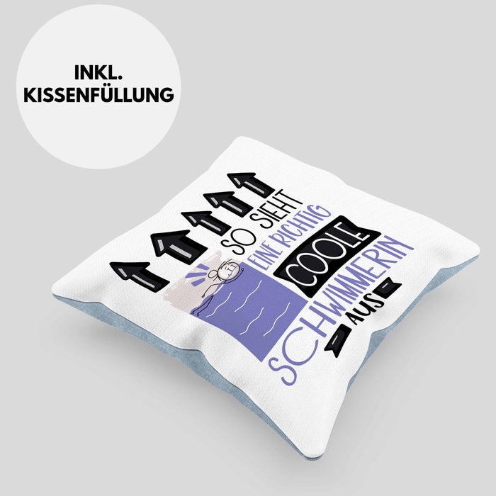 Schwimmerin Geschenk Kissen mit Füllung 40x40 Lustig Geschenkidee für Schwimmerin Geburtstag So Sieht Eine Richtig Coole Schwimmerin Aus Frauen Spruch (Grau) Blau Trendation
