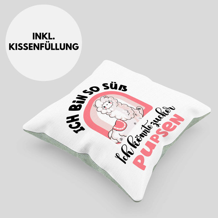 Geschenk für beste Freundin Kissen mit Füllung 40x40 Alpaka Llama Kissen mit Füllung 40x40 mit Spruch Ich Bin So Süß Ich Könnte Zucker Pupsen Geschenkidee für Frauen (Grau) Grün Trendation