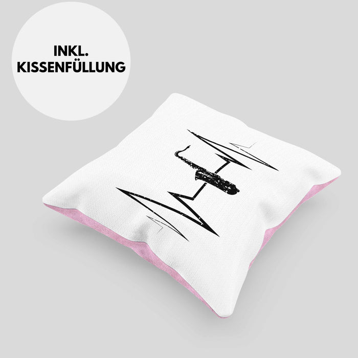 Saxophon Kissen mit Füllung 40x40 Geschenk Herzschlag Saxophonist Kaffee Geschenkidee Lustig (Grau) Rosa Trendation