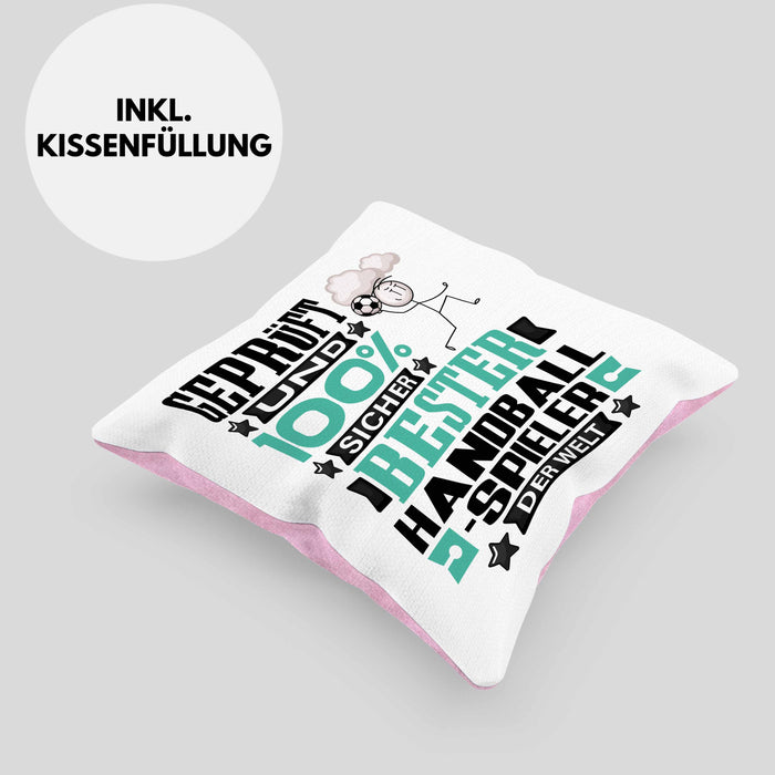 Handballspieler Geschenk Lustiger Spruch für Handballspieler Geschenkidee Bester Handballspieler Der WeltKissen mit Füllung 40x40 (Grau) Rosa Trendation