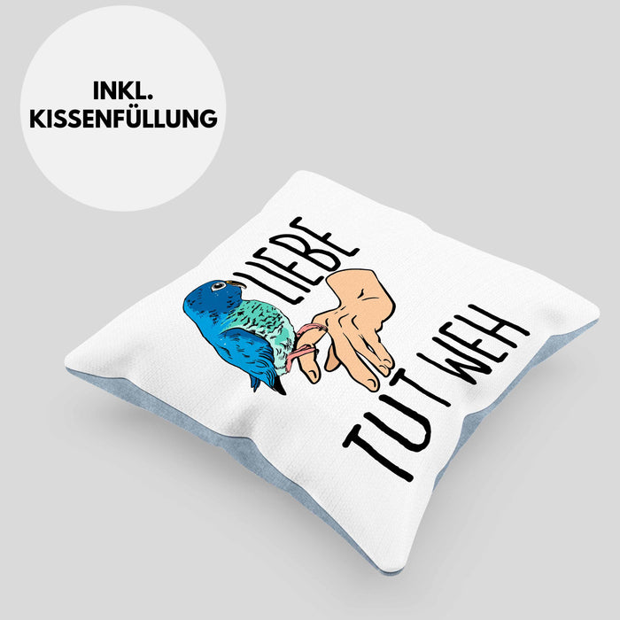 Lustige Wellensittich-Kissen mit Füllung 40x40 Geschenk für Wellensittich-Besitzer Liebe Tut Weh (Grau) Blau Trendation
