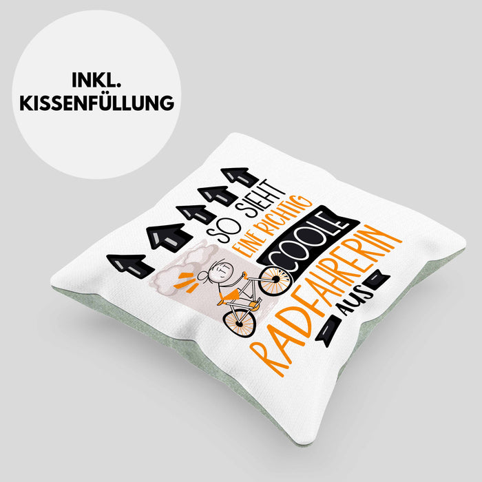 Radfahrerin Geschenk Kissen mit Füllung 40x40 Lustig Geschenkidee für Radfahrerin Geburtstag So Sieht Eine Richtig Coole Radfahrerin Aus Frauen Spruch (Grau) Grün Trendation