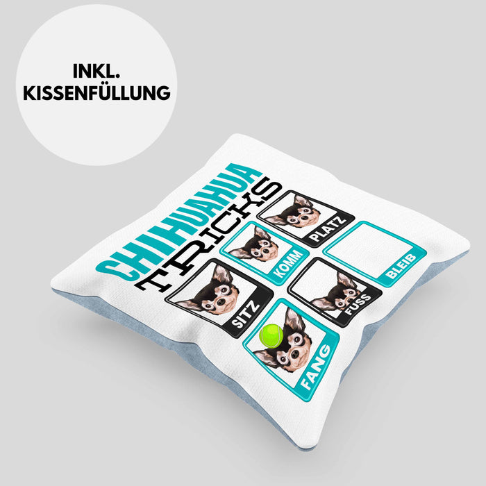Chihuahua Besitzer Kissen mit Füllung 40x40 Geschenk Lustiger Spruch Geschenkidee Chihuahua Tricks Bleib (Grau) Blau Trendation