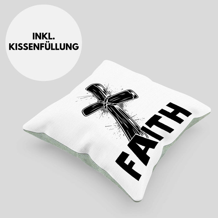 Faith Kissen mit Füllung 40x40 Geschenk Jesus Glauben Geschenkidee Kirche Ostern Christentum Häferl (Grau) Grün Trendation