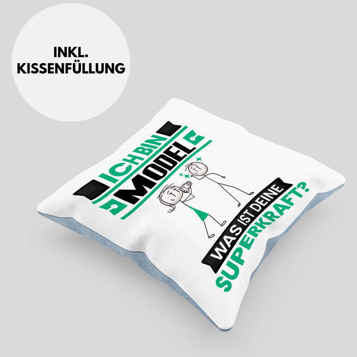 Model Kissen mit Füllung 40x40 Geschenk für Model Geburtstag Lustiger Spruch Was Ist Deine Superkraft (Grau) Blau Trendation