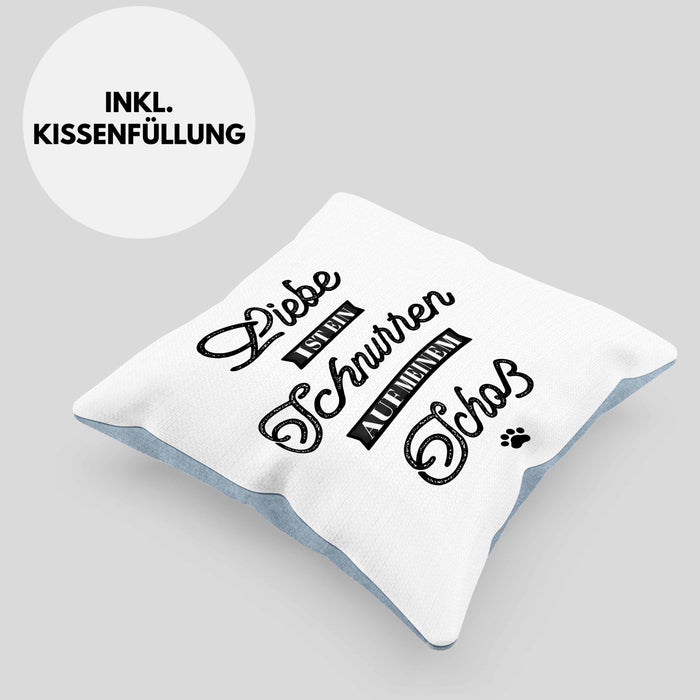 Katze Kissen mit Füllung 40x40 Geschenk Spruch Geschenkidee für Katzen-Mama Papa Katzenliebhaber Liebe Ist Ein Schnurren Auf Meinem Schoß (Grau) Blau Trendation