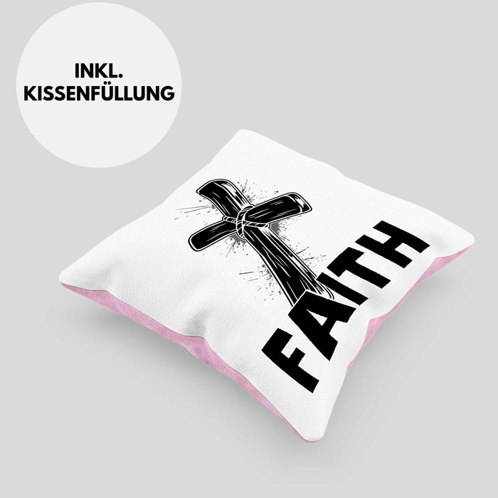Faith Kissen mit Füllung 40x40 Geschenk Jesus Glauben Geschenkidee Kirche Ostern Christentum Häferl (Grau) Rosa Trendation