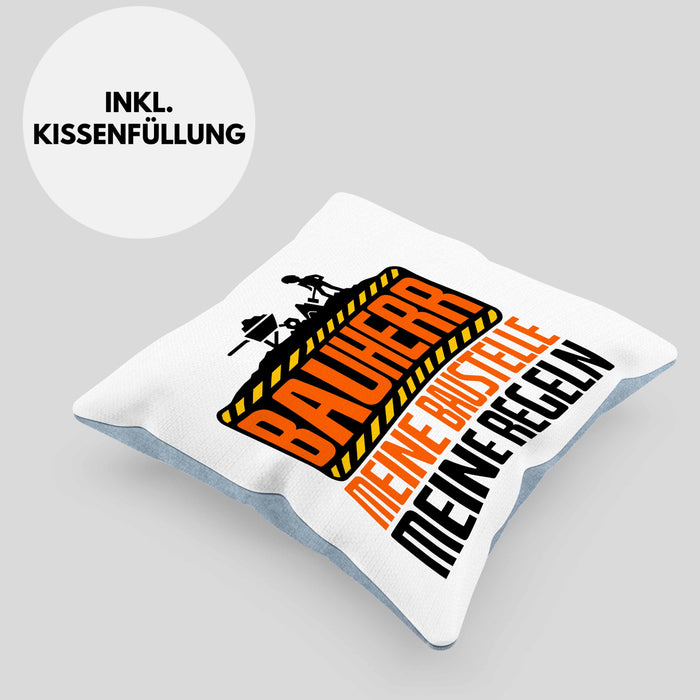 Bauherr Kissen mit Füllung 40x40 "Meine Baustelle, Meine Regeln" Lustiges Geschenk für Bauherren (Grau) Blau Trendation