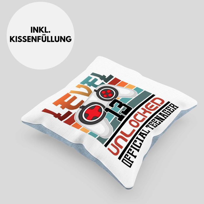 13. Geburtstag Kissen mit Füllung 40x40 Jungs Gaming Official Teenager 13er Geburtstag Geschenkidee (Grau) Blau Trendation