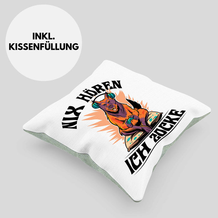Zocker Geschenk Kissen mit Füllung 40x40 Nix Hören ich Zocke Jungs Jungen Geschenkidee zum Zocken (Grau) Grün Trendation