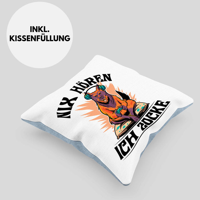 Zocker Geschenk Kissen mit Füllung 40x40 Nix Hören ich Zocke Jungs Jungen Geschenkidee zum Zocken (Grau) Blau Trendation