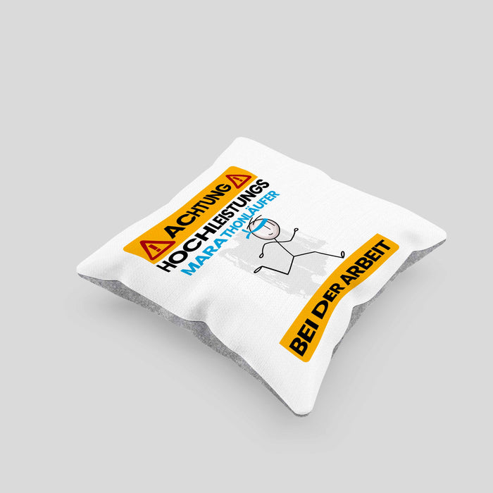 Marathonläufer Kissen mit Füllung 40x40 Geschenk Lustiger Spruch Geschenkidee für Marathonläufer Achtung Hochleistungs Marathonläufer Bei Der Arbeit (Grau) Grau Trendation