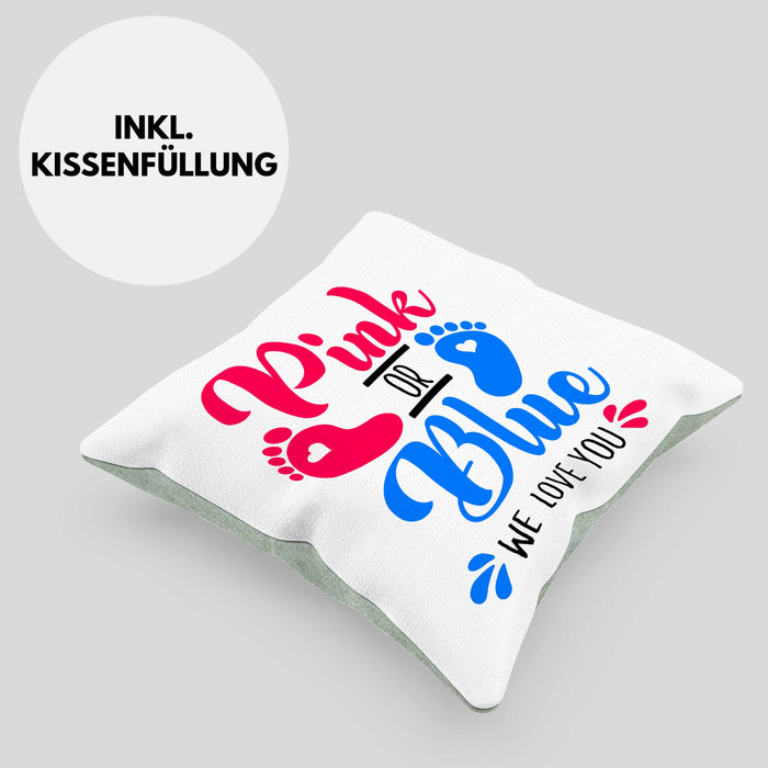 Kissen mit Füllung 40x40 Gender Reveal Geschenk Pink Or Blue We Love You Baby Überraschung (Grau) Grün Trendation