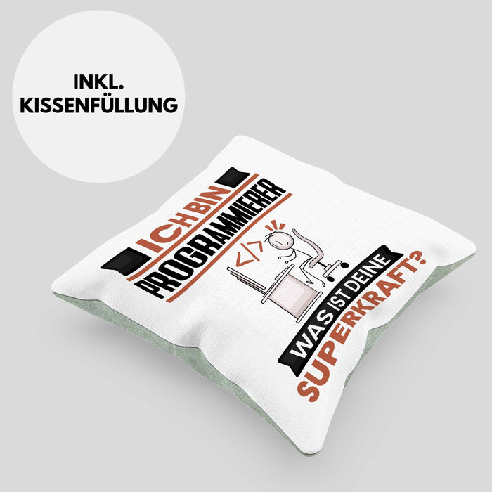 Programmierer Kissen mit Füllung 40x40 Geschenk für Programmierer Geburtstag Lustiger Spruch Was Ist Deine Superkraft (Grau) Grün Trendation