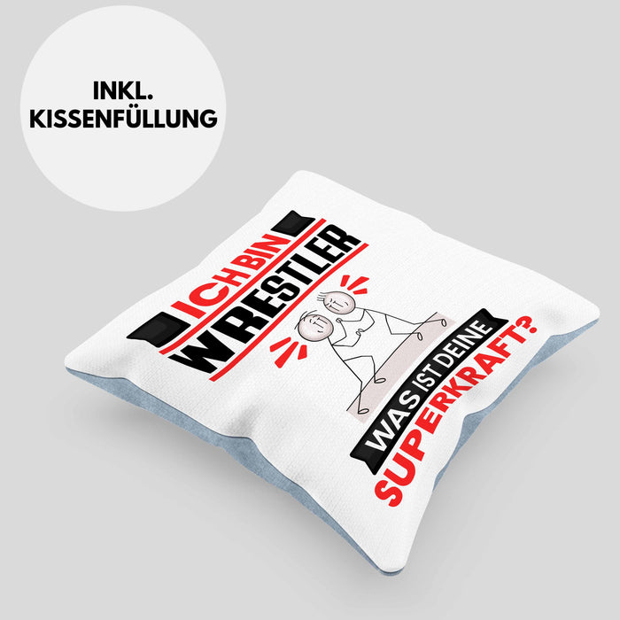 Wrestler Kissen mit Füllung 40x40 Geschenk für Wrestler Geburtstag Lustiger Spruch Was Ist Deine Superkraft (Grau) Blau Trendation