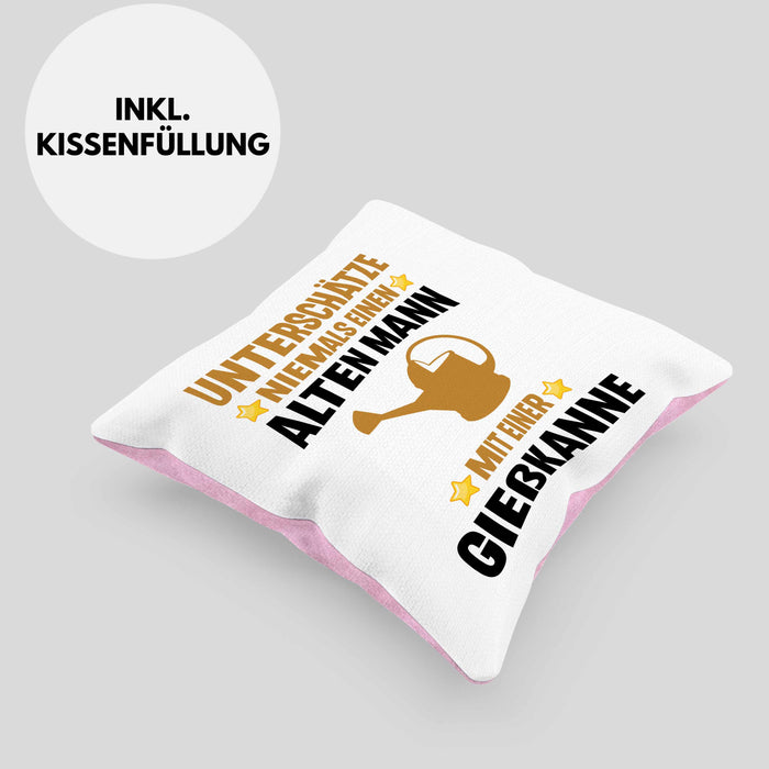 Alter Mann Gärtner Kissen mit Füllung 40x40 mit Spruch Garten Hobbygärtner Geschenk Lustig (Grau) Rosa Trendation