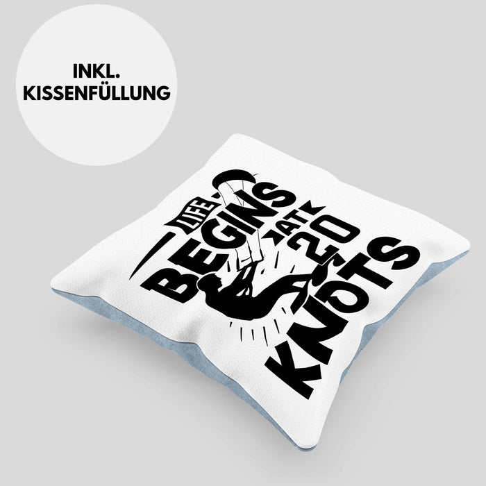 Kitesurfing Kissen mit Füllung 40x40 Geschenk für Kitesurfer Geschenkidee Liefe Begins At 20 Knots (Grau) Blau Trendation