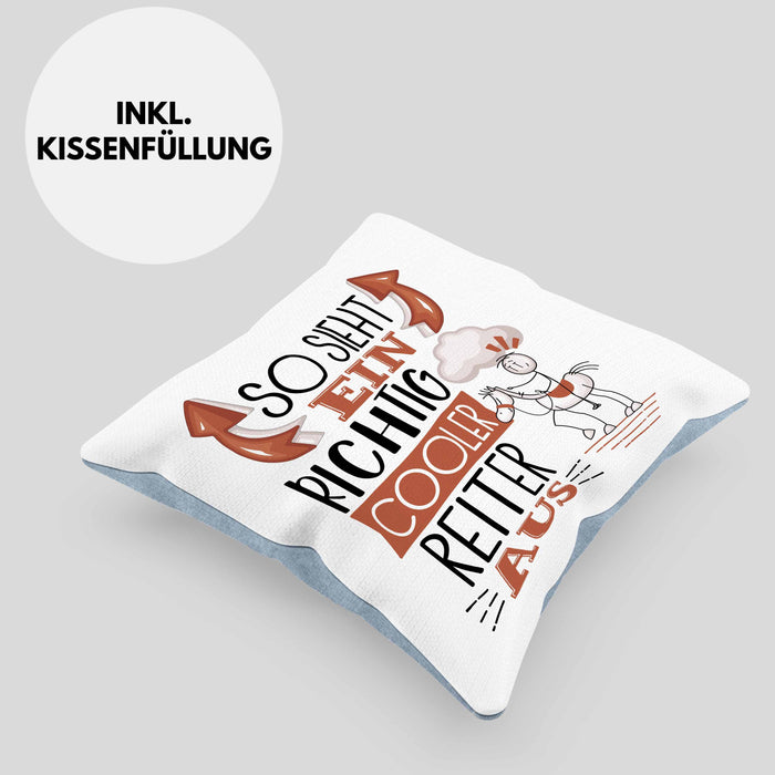 Reiter Kissen mit Füllung 40x40 Geschenk So Sieht Ein Richtig Cooler Reiter Aus Geschenkidee Spruch Lustig (Grau) Blau Trendation