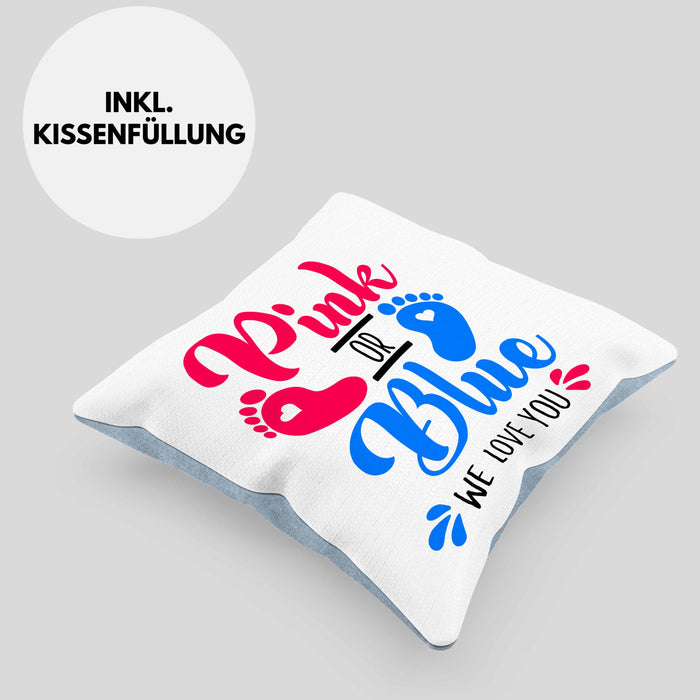 Kissen mit Füllung 40x40 Gender Reveal Geschenk Pink Or Blue We Love You Baby Überraschung (Grau) Blau Trendation