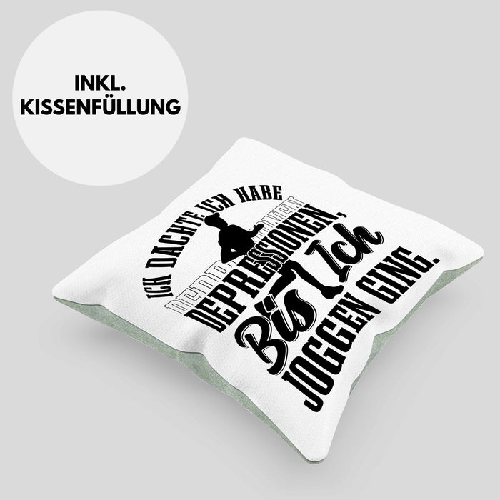 Joggen Geschenk Kissen mit Füllung 40x40 Spruch Ich Dachte Ich Habe Depressionen Bis Ich Joggen War Geschenkidee Jogger (Grau) Grün Trendation