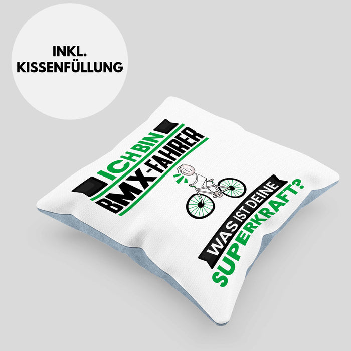 BMX-Fahrer Kissen mit Füllung 40x40 Geschenk für BMX-Fahrer Geburtstag Lustiger Spruch Was Ist Deine Superkraft (Grau) Blau Trendation