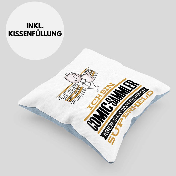 Comic-Sammler Geschenk Kissen mit Füllung 40x40 Ich Bin Comic-Sammler Aber Sag Doch Einfach Superheld Lustige Geschenkdiee für Comic-Sammler (Grau) Blau Trendation