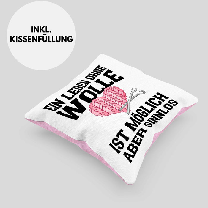 Häkeln Zubehör Kissen mit Füllung 40x40 Geschenk Stricken Geschenke Häkel Oma Mama Ein Leben Ohne Wolle (Grau) Rosa Trendation