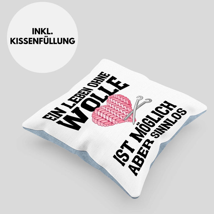 Häkeln Zubehör Kissen mit Füllung 40x40 Geschenk Stricken Geschenke Häkel Oma Mama Ein Leben Ohne Wolle (Grau) Blau Trendation