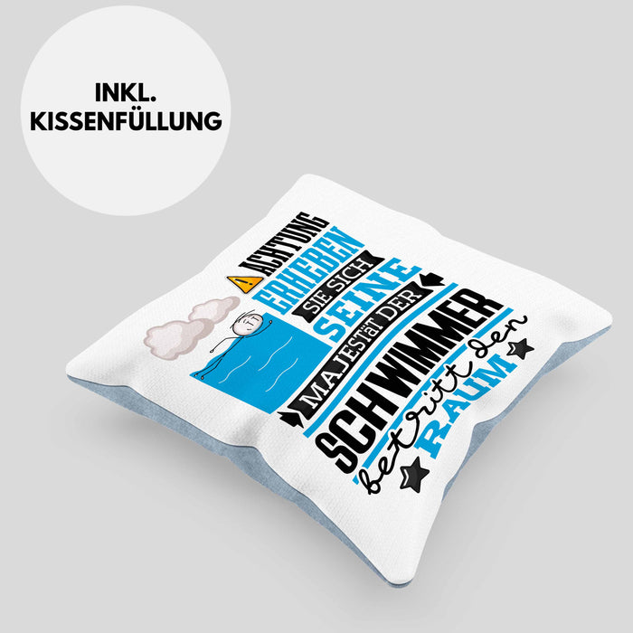 Schwimmer Geschenk Kissen mit Füllung 40x40 Lustiger Spruch Erheben Sie Sich Der Schwimmer Betritt den Raum (Grau) Blau Trendation