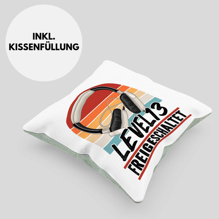 13. Geburtstag Kissen mit Füllung 40x40 Jungs Gaming Official Teenager 13er Geburtstag Geschenkidee Level 13 Freigeschaltet (Grau) Grün Trendation