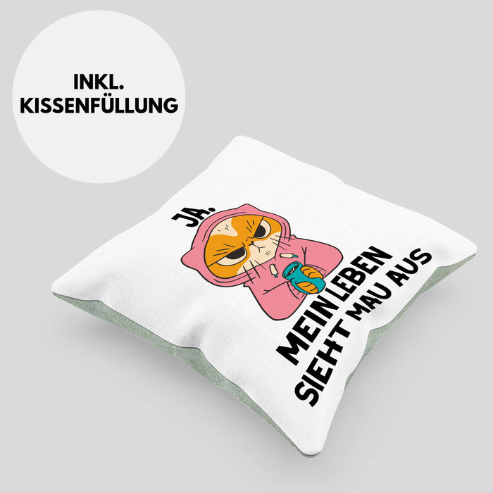 Dank Meme Kissen mit Füllung 40x40 Katzen Besitzer Wortspiel Ja Mein Leben Sieht Mau Aus Traurige Katze Geschenkidee Saure Katze Astronaut (Grau) Grün Trendation