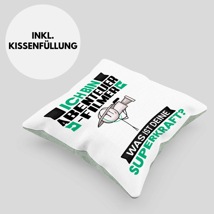 Abenteuerfilmer Kissen mit Füllung 40x40 Geschenk für Abenteuerfilmer Geburtstag Lustiger Spruch Was Ist Deine Superkraft (Grau) Grün Trendation