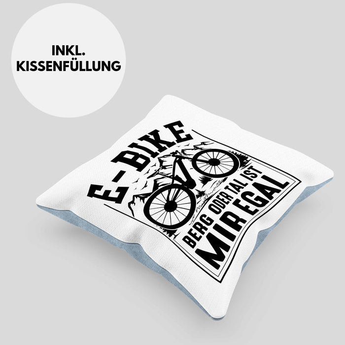 E-Bike Fahrer Geschenk Kissen mit Füllung 40x40 Elektro-Fahrrad Berg Oder Tal Ist Mir Egal Geschenkidee (Grau) Blau Trendation