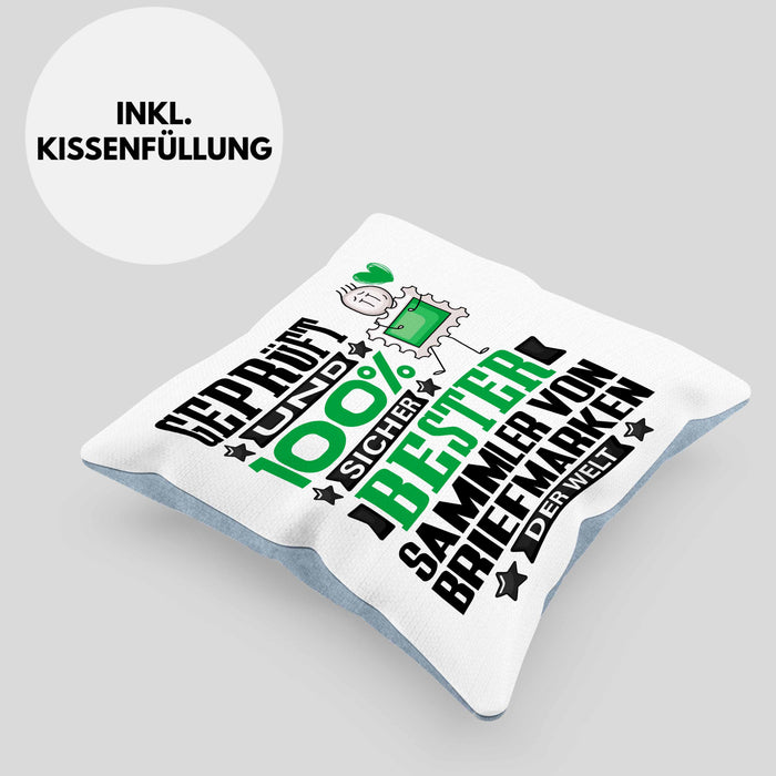 SammlervonBriefmarken Geschenk Lustiger Spruch für SammlervonBriefmarken Geschenkidee Bester SammlervonBriefmarken Der WeltKissen mit Füllung 40x40 (Grau) Blau Trendation