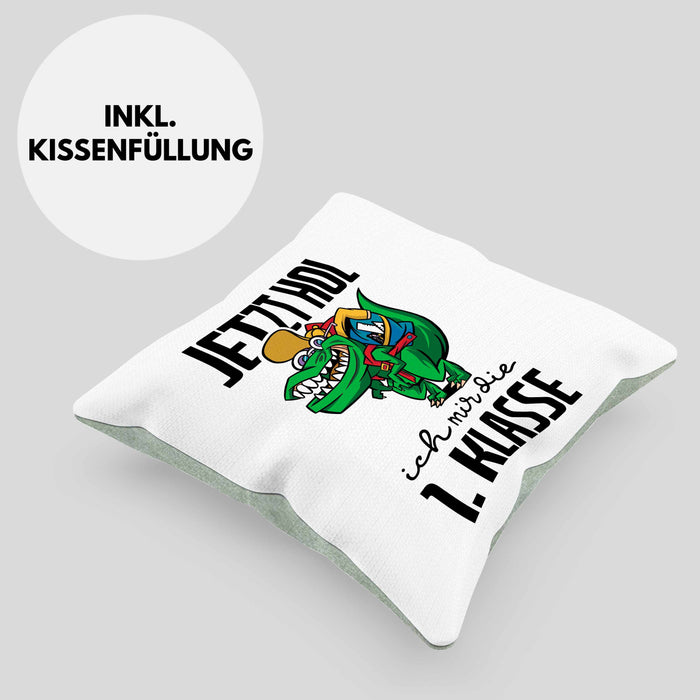Kissen mit Füllung 40x40 Einschulung Dino T-rex Motiv Geschenk für Jungs in der 1. Klasse Schulstart (Grau) Grün Trendation