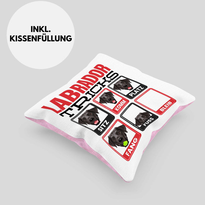 Labrador Besitzer Kissen mit Füllung 40x40 Geschenk Lustiger Spruch Geschenkidee Labrador Tricks Bleib (Grau) Rosa Trendation
