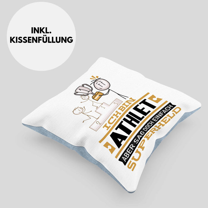 Athlet Geschenk Kissen mit Füllung 40x40 Ich Bin Athlet Aber Sag Doch Einfach Superheld Lustige Geschenkdiee für Athlet (Grau) Blau Trendation